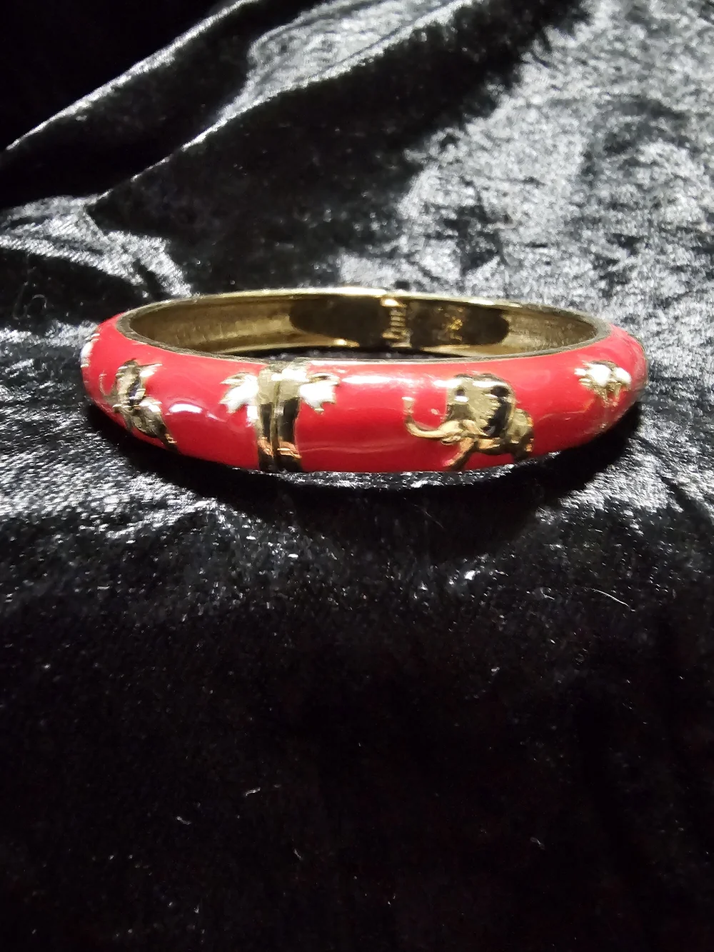 Red Gold-Tone Elephant Motif Enamel Bangle Bracelet